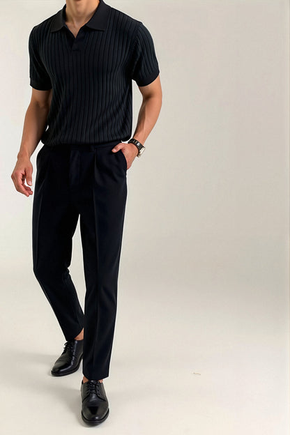 Men's Short Sleeve Ribbed Polo Shirt with Open Collar