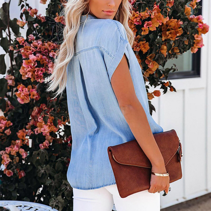Women's Short Sleeve Denim Shirt with Front Pocket