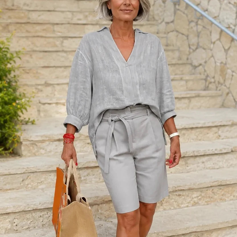 Women's Two-Piece Set – Linen-Look, V-Neck Collar