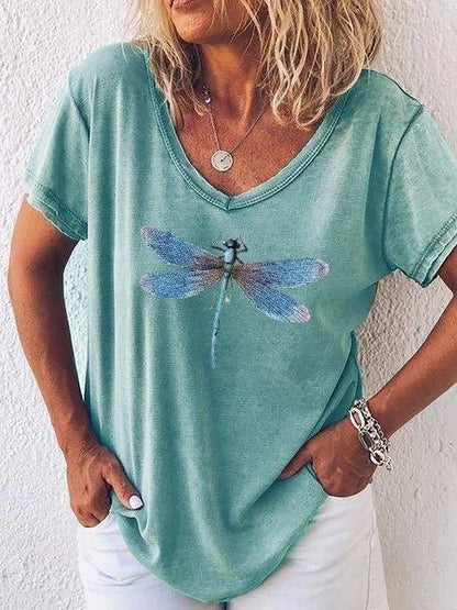 Women's V-Neck T-Shirt with Dragonfly Print
