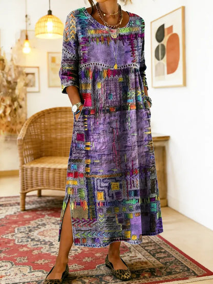 Women's Patchwork Midi Dress with 3/4 Sleeves