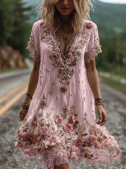 Women's Floral Embroidered V Neck Mini Dress