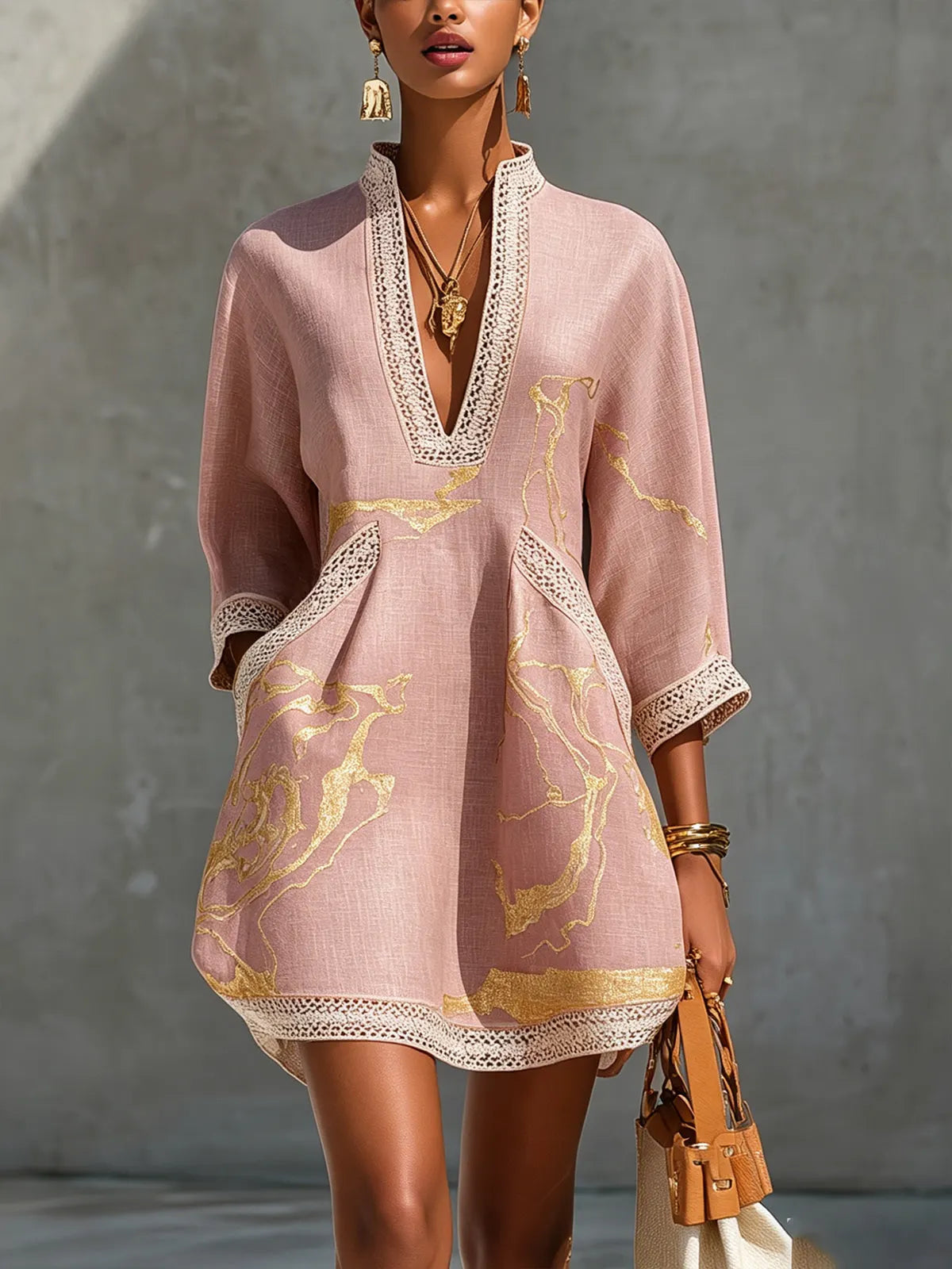 Women's Mini Dress – Crochet Lace V-Neck, Three-Quarter Sleeves, Woven