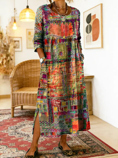 Women's Patchwork Midi Dress with 3/4 Sleeves