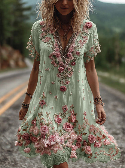 Women's Floral Embroidered V Neck Mini Dress