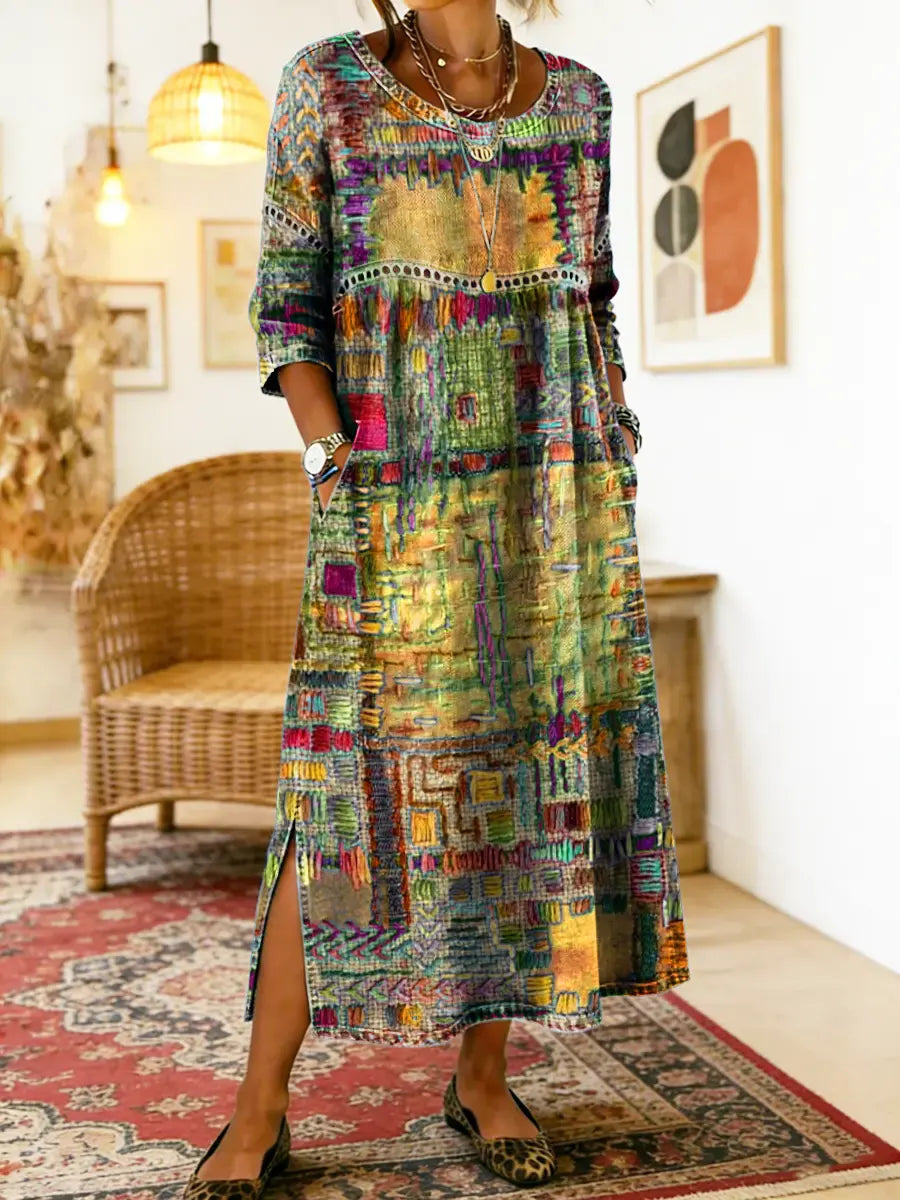 Women's Patchwork Midi Dress with 3/4 Sleeves