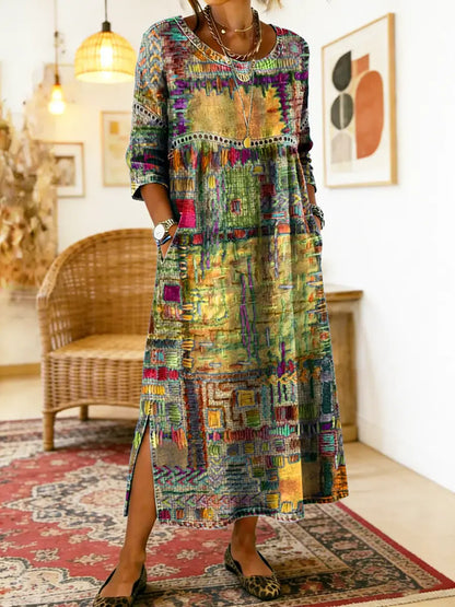 Women's Patchwork Midi Dress with 3/4 Sleeves
