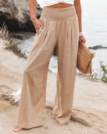 Women's High-Waisted Wide Leg Pants with Smocked Waist