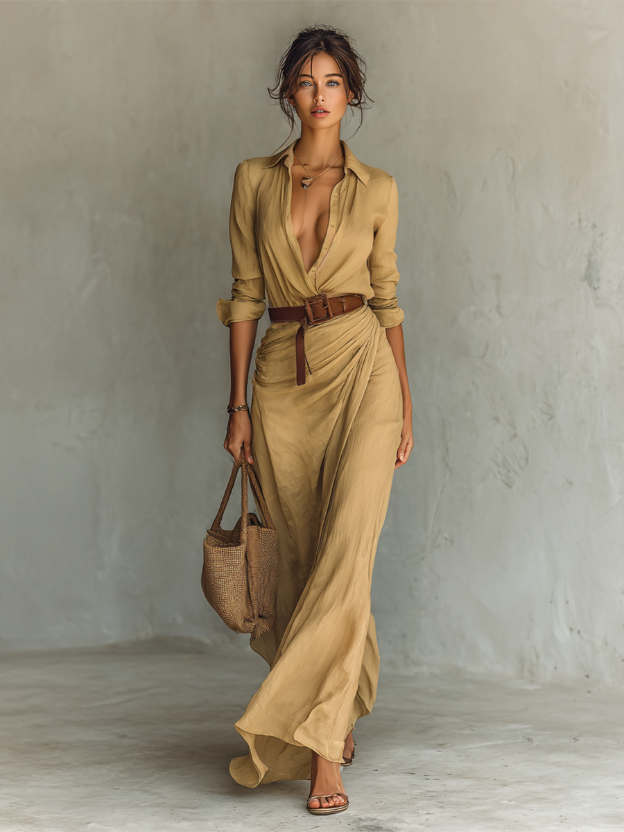 Women's Plunging Maxi Wrap Dress with Shirt Collar