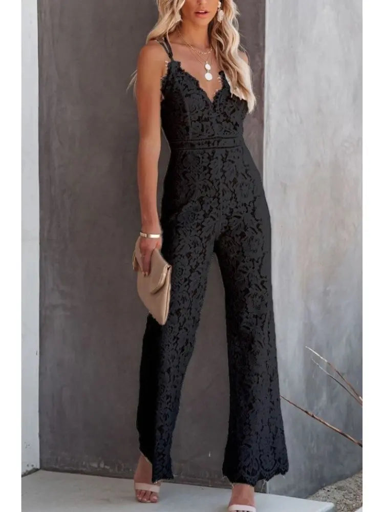 Women's Lace Wide Leg Jumpsuit with V Neck