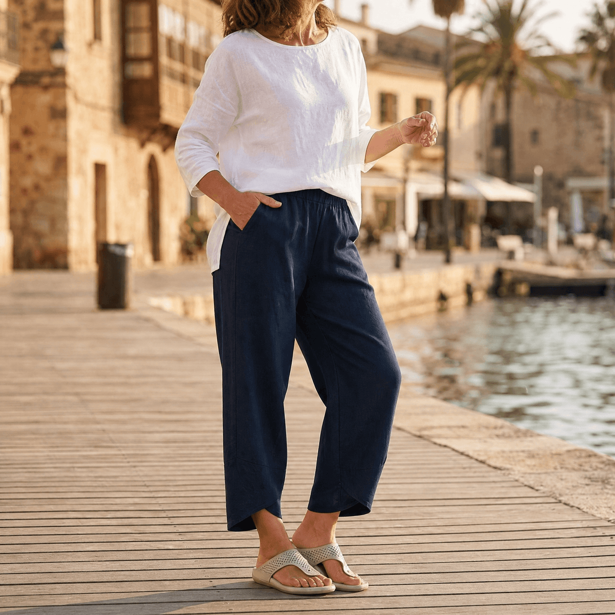 Women's Cropped Wide Leg Linen Pants with Asymmetric Hem