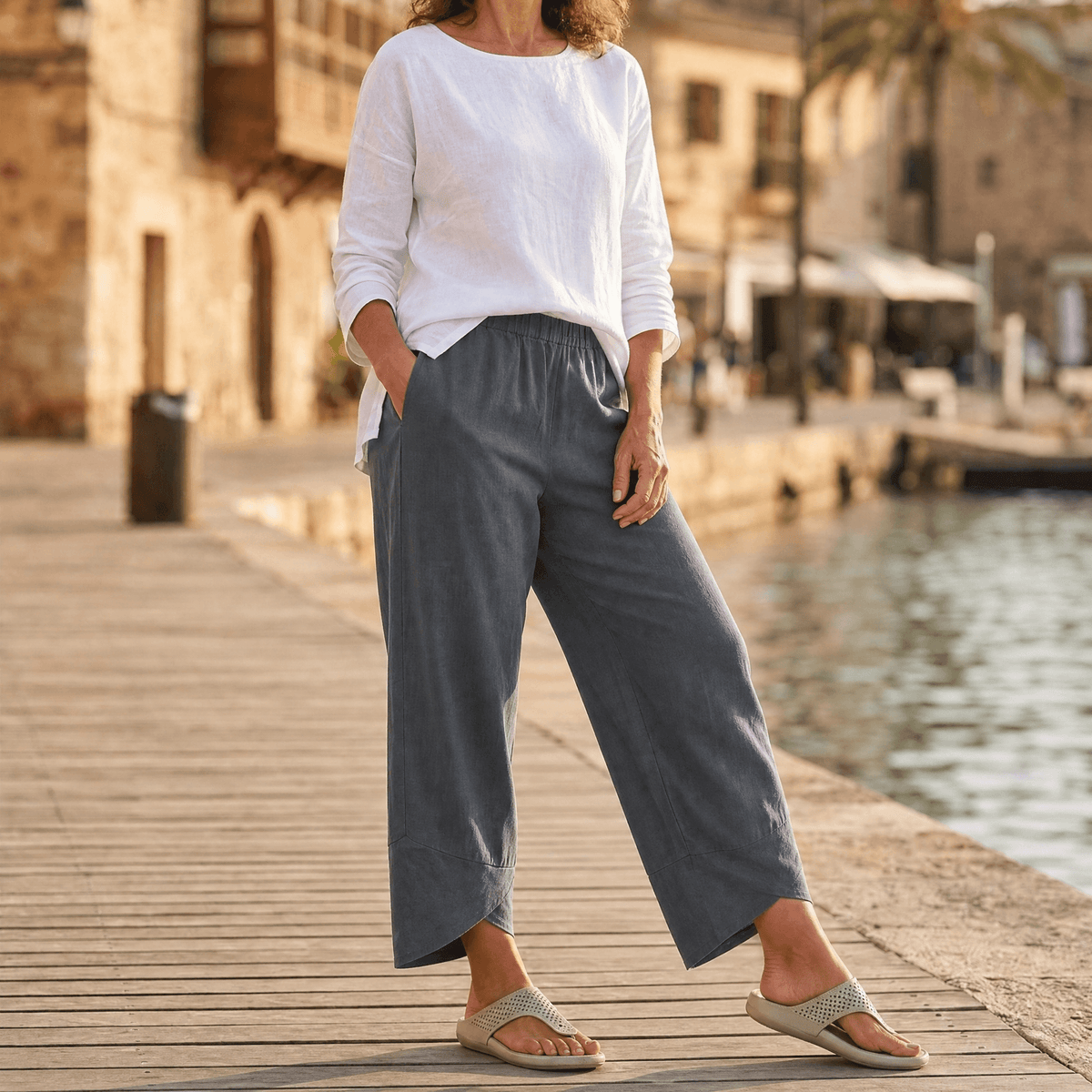 Women's Cropped Wide Leg Linen Pants with Asymmetric Hem