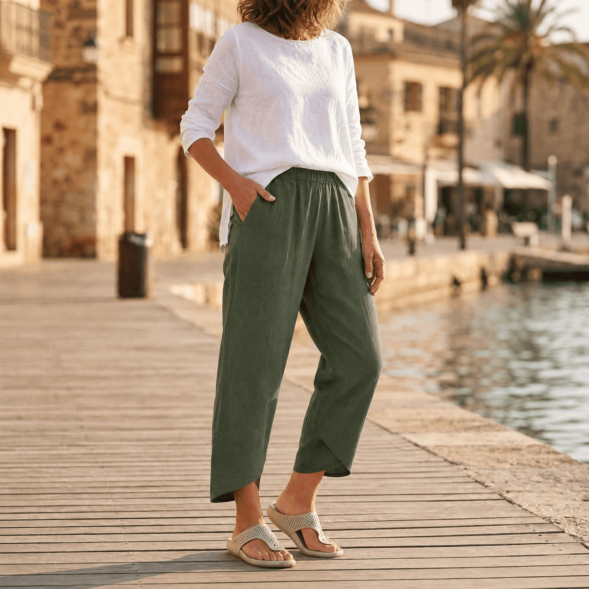 Women's Cropped Wide Leg Linen Pants with Asymmetric Hem