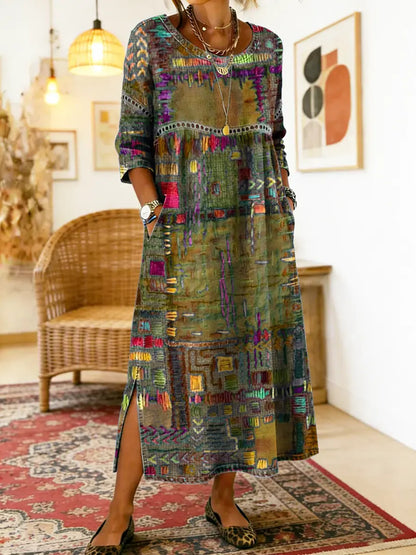 Women's Patchwork Midi Dress with 3/4 Sleeves
