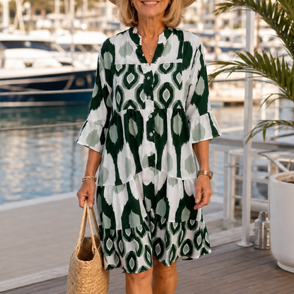 Women's Geometric Print Midi Dress – V-Neck, Ruffle Hem, Tiered