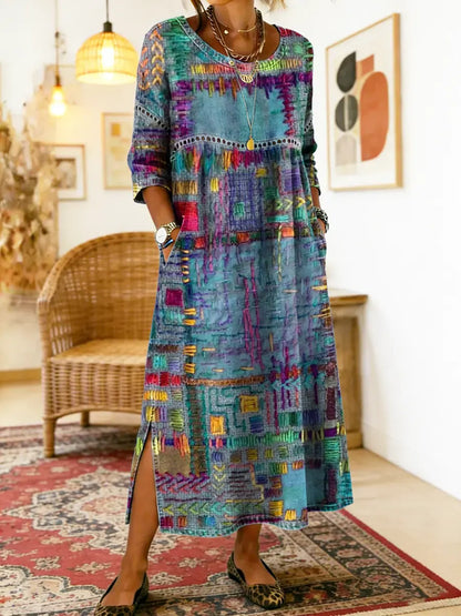 Women's Patchwork Midi Dress with 3/4 Sleeves