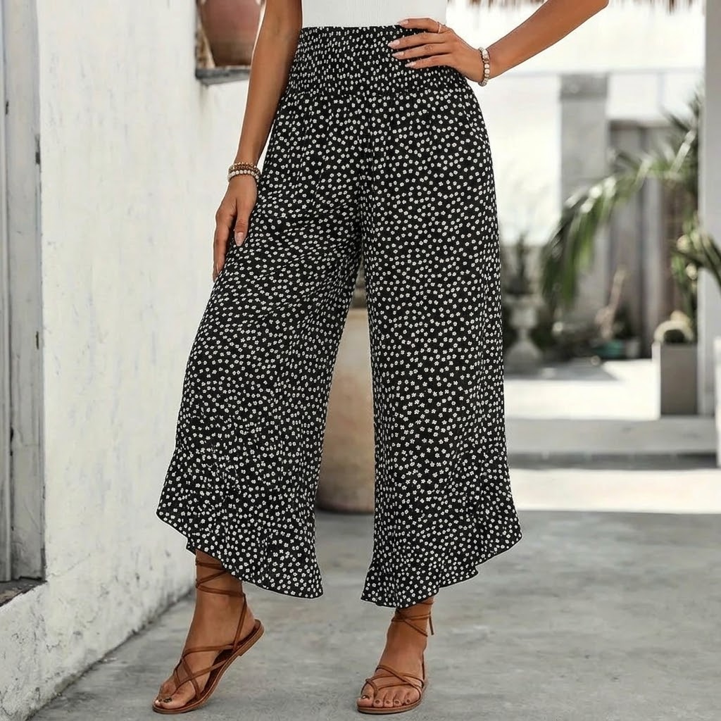 Women's Wide Leg Floral Pants with Smocked Waist