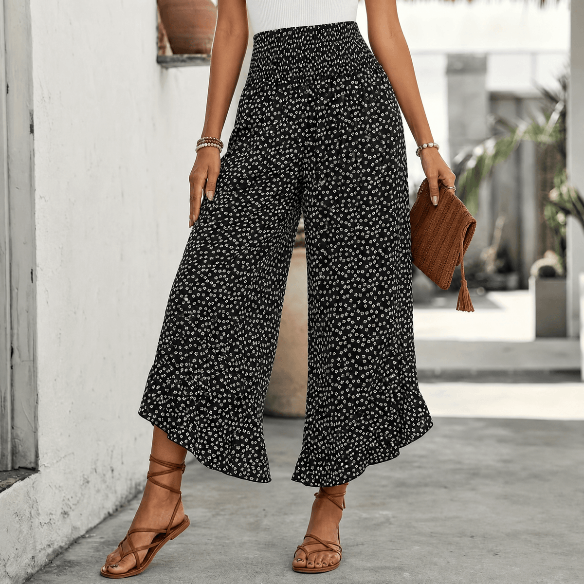Women's Wide Leg Floral Pants with Smocked Waist