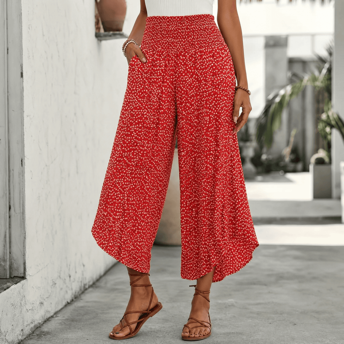Women's Wide Leg Floral Pants with Smocked Waist