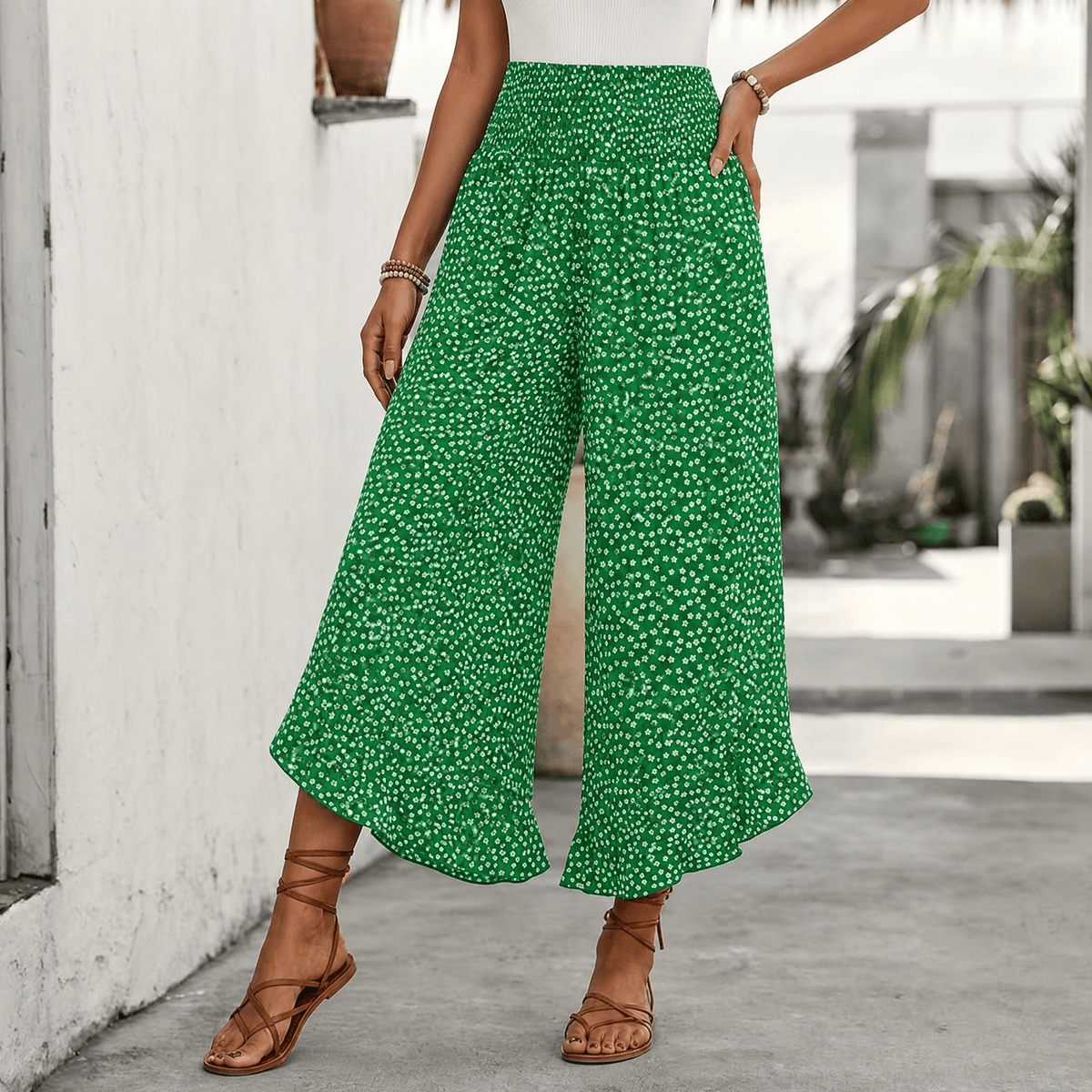 Women's Wide Leg Floral Pants with Smocked Waist
