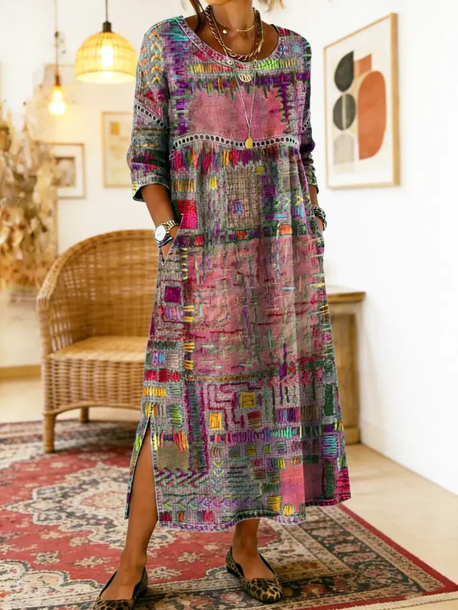 Women's Patchwork Midi Dress with 3/4 Sleeves