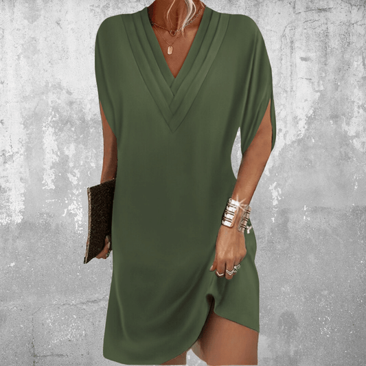 Women's Mini Dress with Pleated V Neck and Short Sleeves