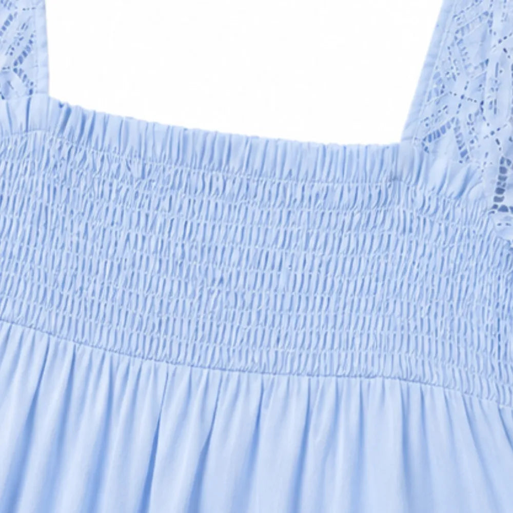Women's Babydoll Mini Dress – Smocked, Lace Sleeves, Square Neck