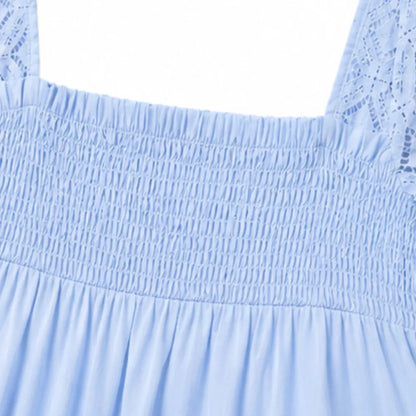Women's Babydoll Mini Dress – Smocked, Lace Sleeves, Square Neck