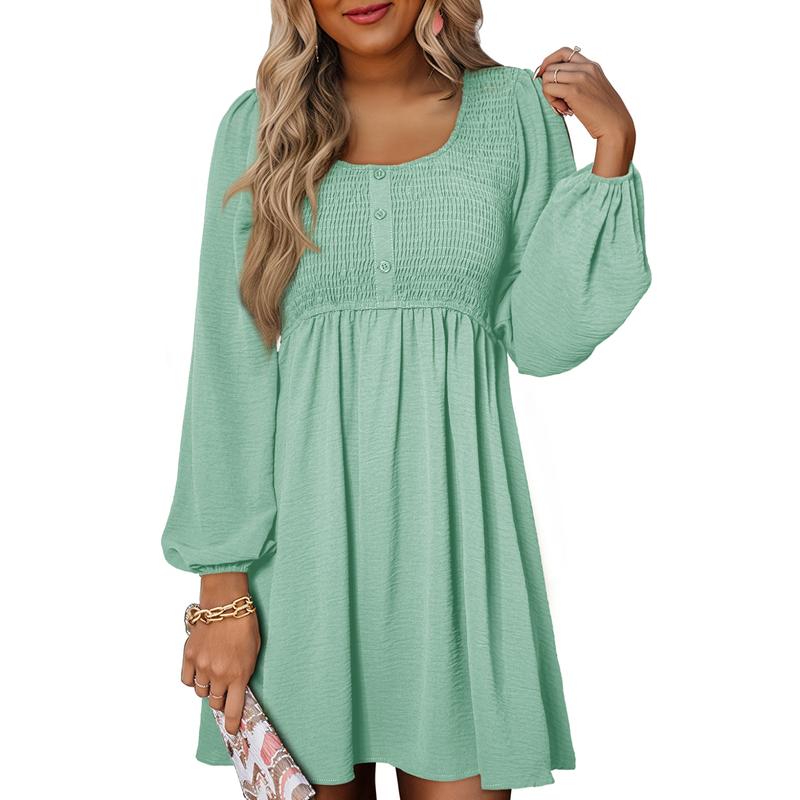 Women's Smocked Mini Dress with Square Neck and Long Sleeves