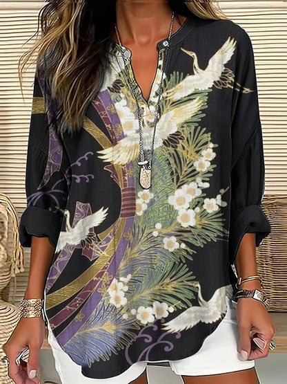 Women's Bird Print Blouse with Split V Neck