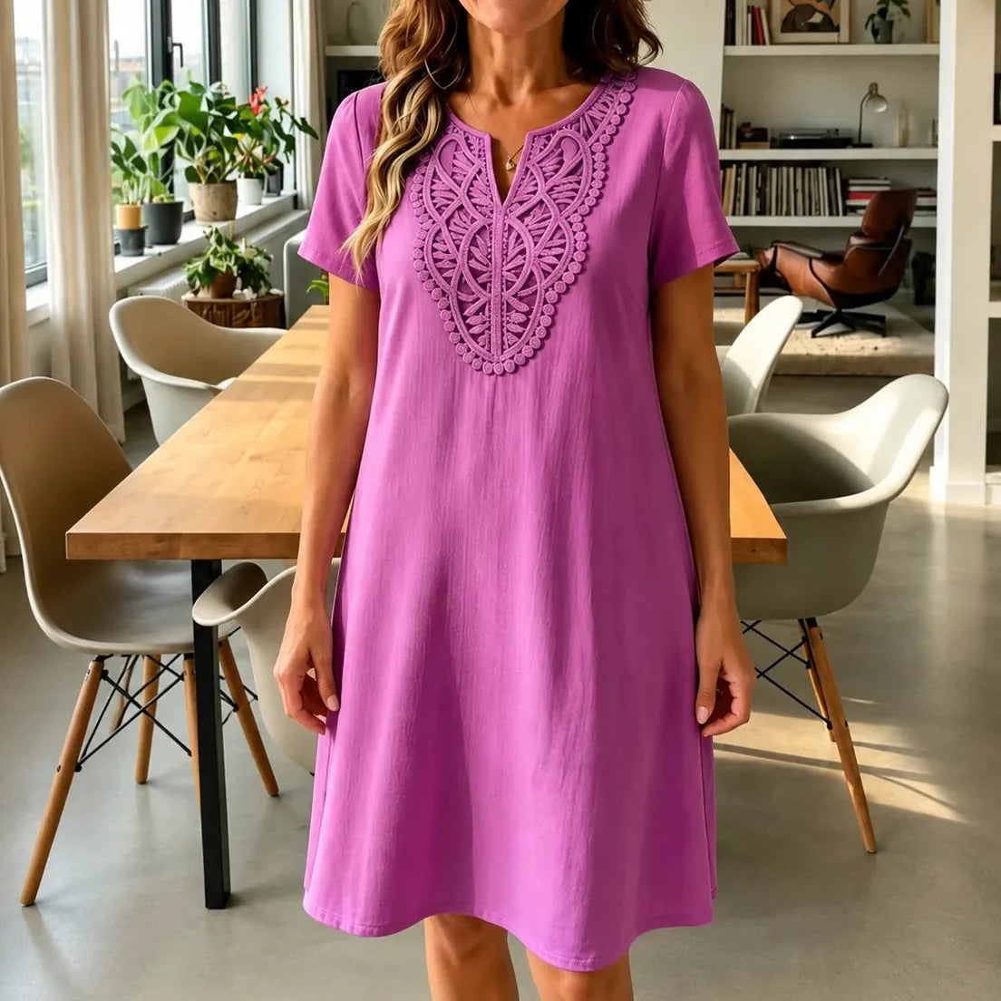 Women's A-Line Midi Dress – Lace Bib, Split Notch Neck, Pockets