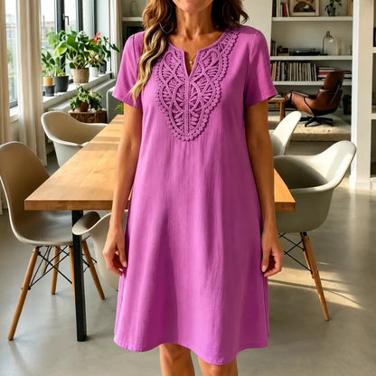 Women's A-Line Midi Dress – Lace Bib, Split Notch Neck, Pockets