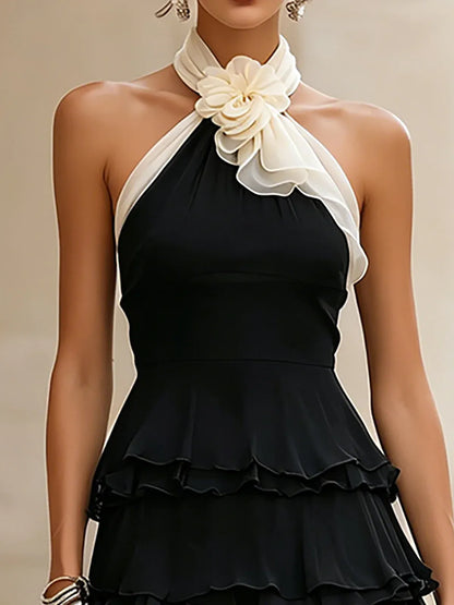 Women's Chiffon Mini Dress – Halter Neck, Tiered Ruffle