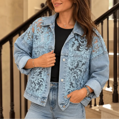 Women's Denim Jacket – Floral Lace, Sheer Embroidery, Relaxed Fit