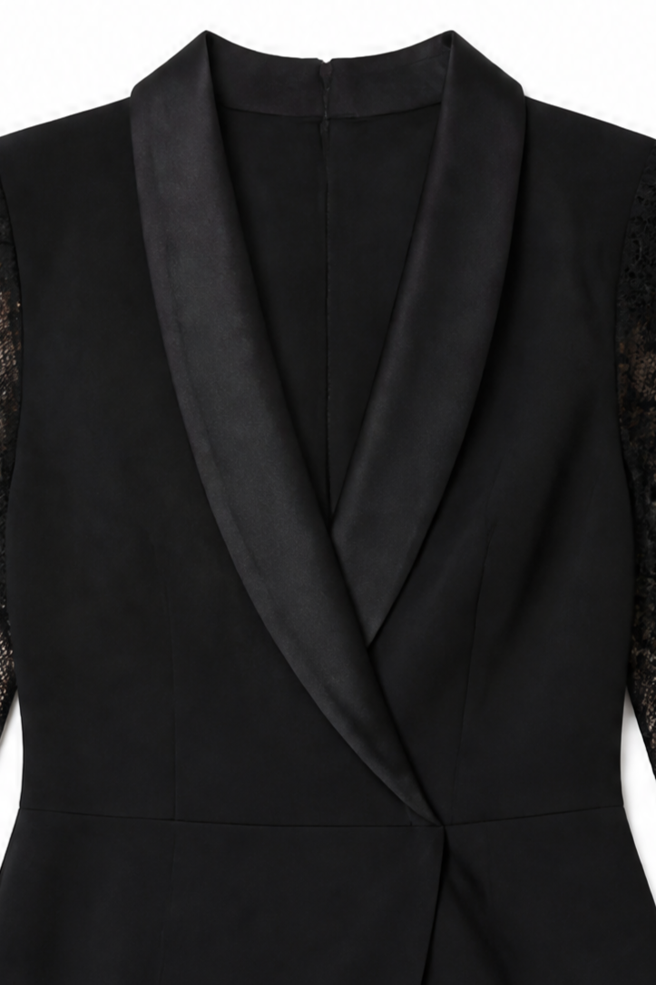 Women's Wrap Midi Dress – Cocktail, Lace Sleeves, Lapel Collar