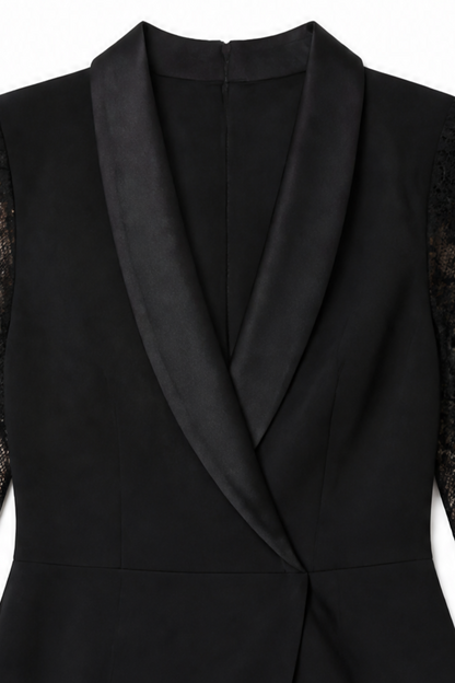 Women's Wrap Midi Dress – Cocktail, Lace Sleeves, Lapel Collar