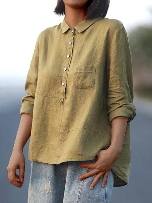 Women's Loose Linen Shirt with Button Collar and Pocket