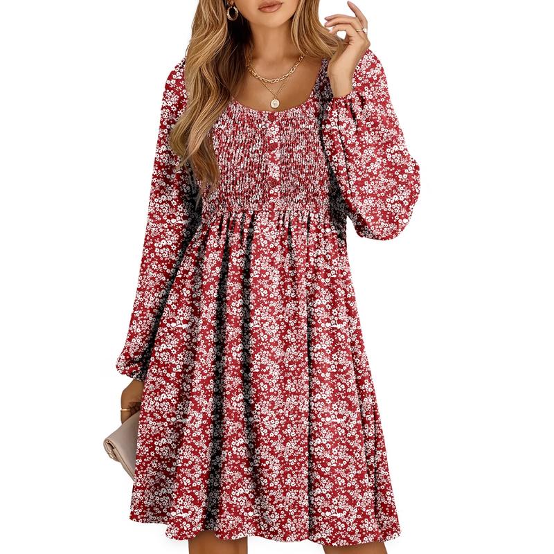 Women's Smocked Mini Dress with Square Neck and Long Sleeves