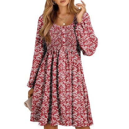 Women's Smocked Mini Dress with Square Neck and Long Sleeves