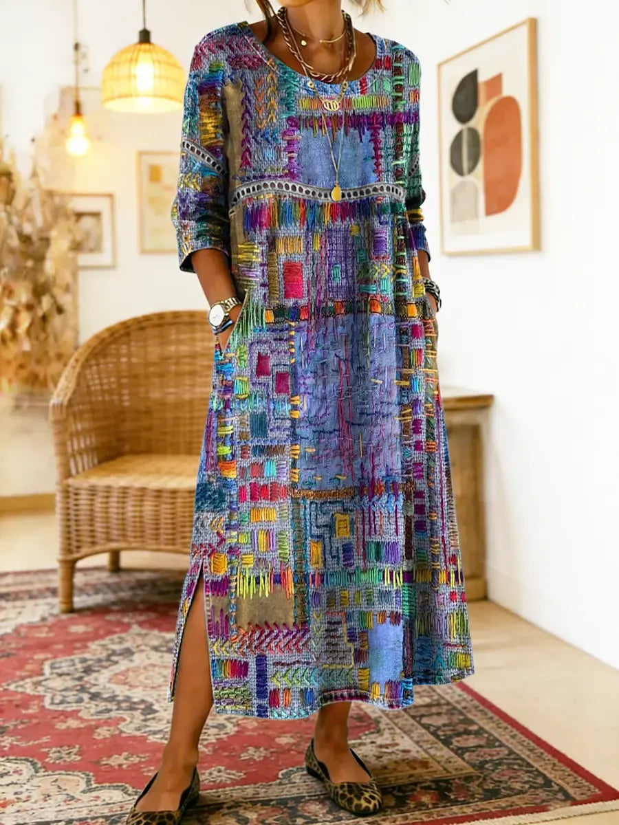 Women's Patchwork Midi Dress with 3/4 Sleeves