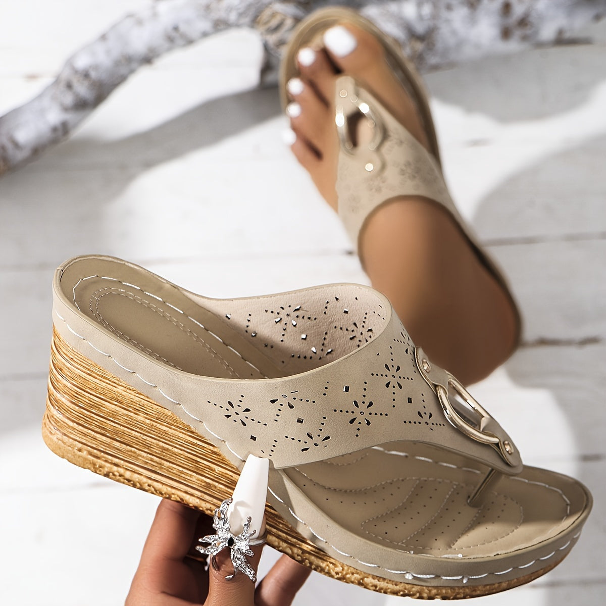 Women's T-Bar Wedge Sandals with Metal Ring