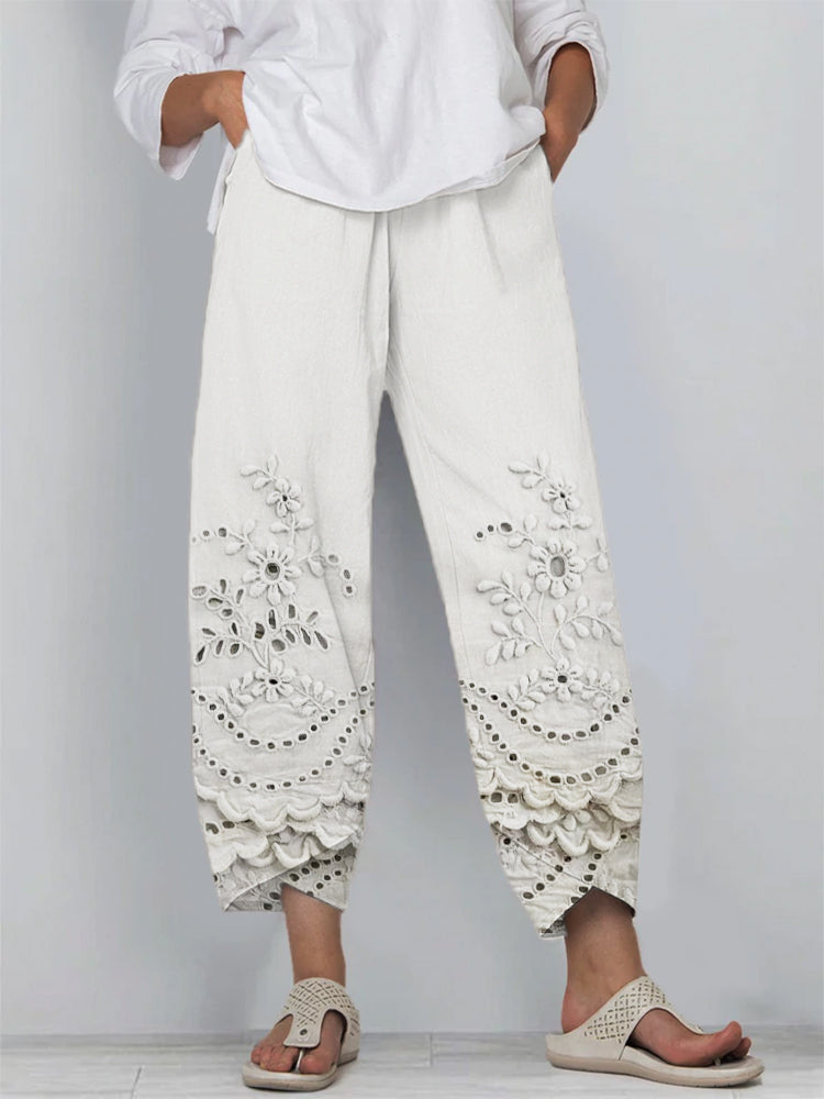 Women's Cropped Pants with Floral Embroidery