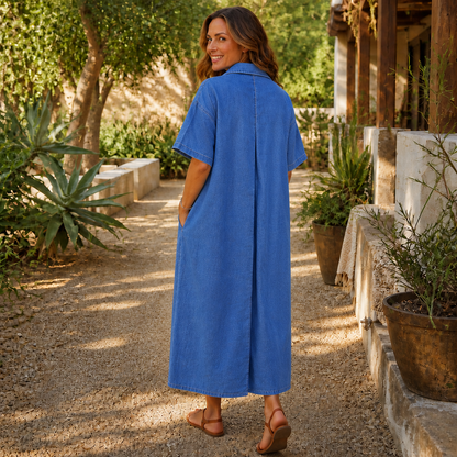 Women's Denim Midi Dress – Collared, Short Sleeves, Pockets