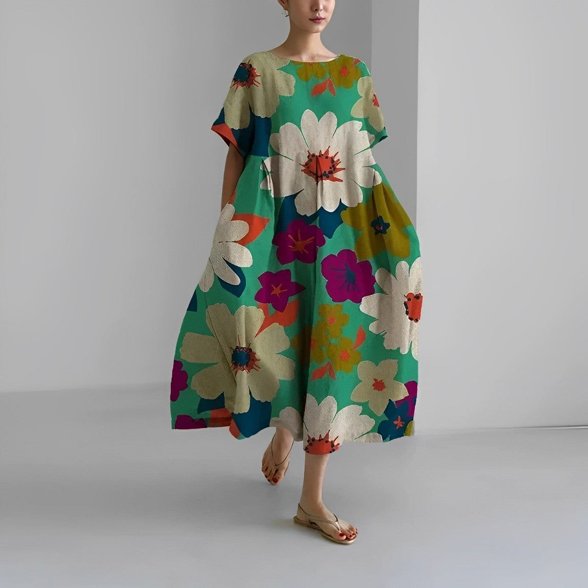 Women's Floral Short Sleeve Swing Maxi Dress