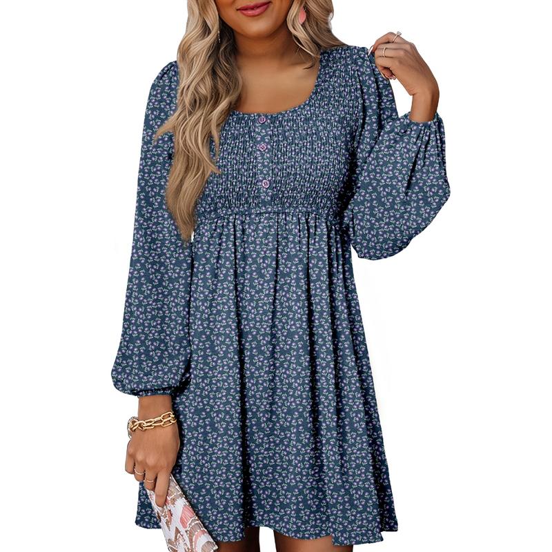 Women's Smocked Mini Dress with Square Neck and Long Sleeves