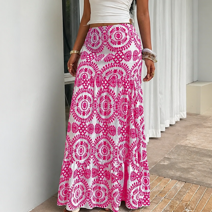 Women's Maxi Skirt – Tiered, Geometric Print, Elastic Waist