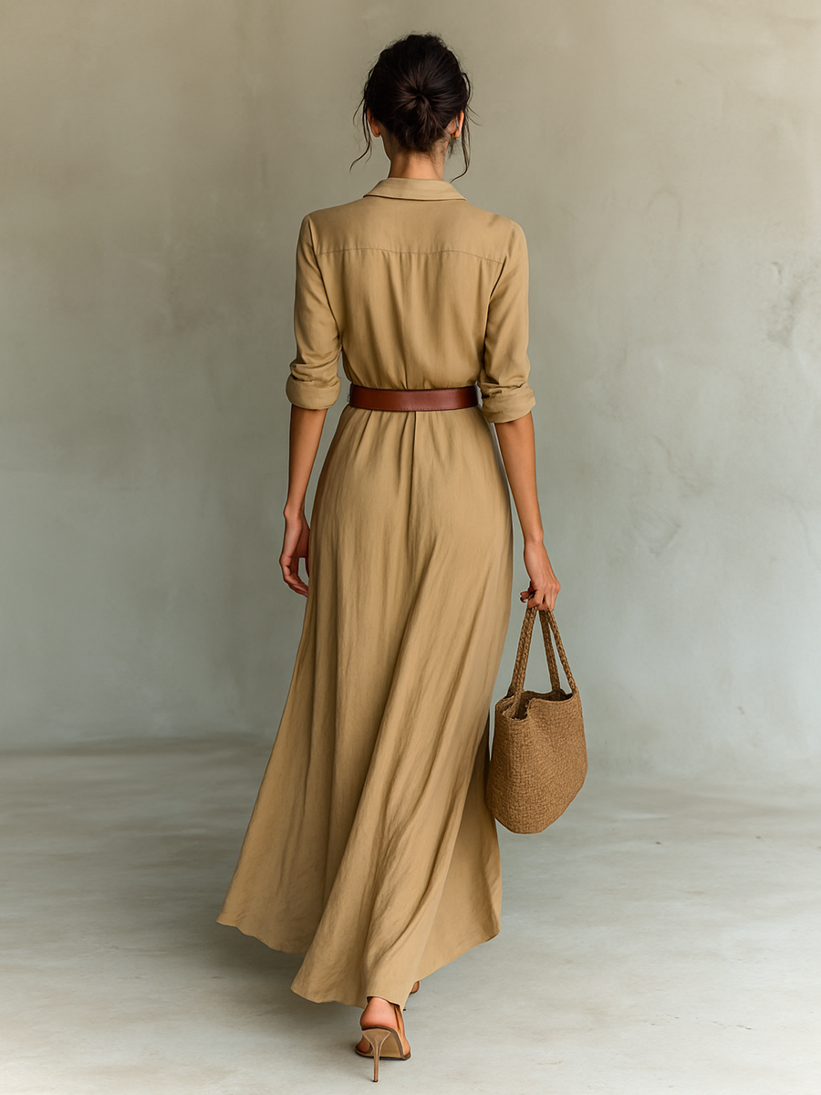 Women's Plunging Maxi Wrap Dress with Shirt Collar
