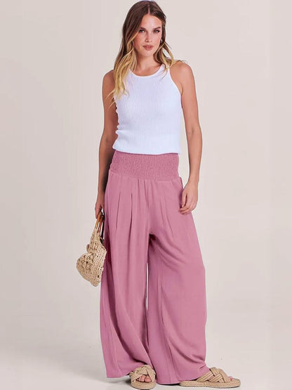 Women's High Waist Wide Leg Pants with Smocked Waistband