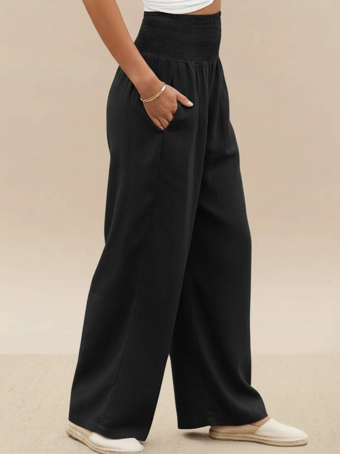 Women's High Waist Wide Leg Pants with Smocked Waistband