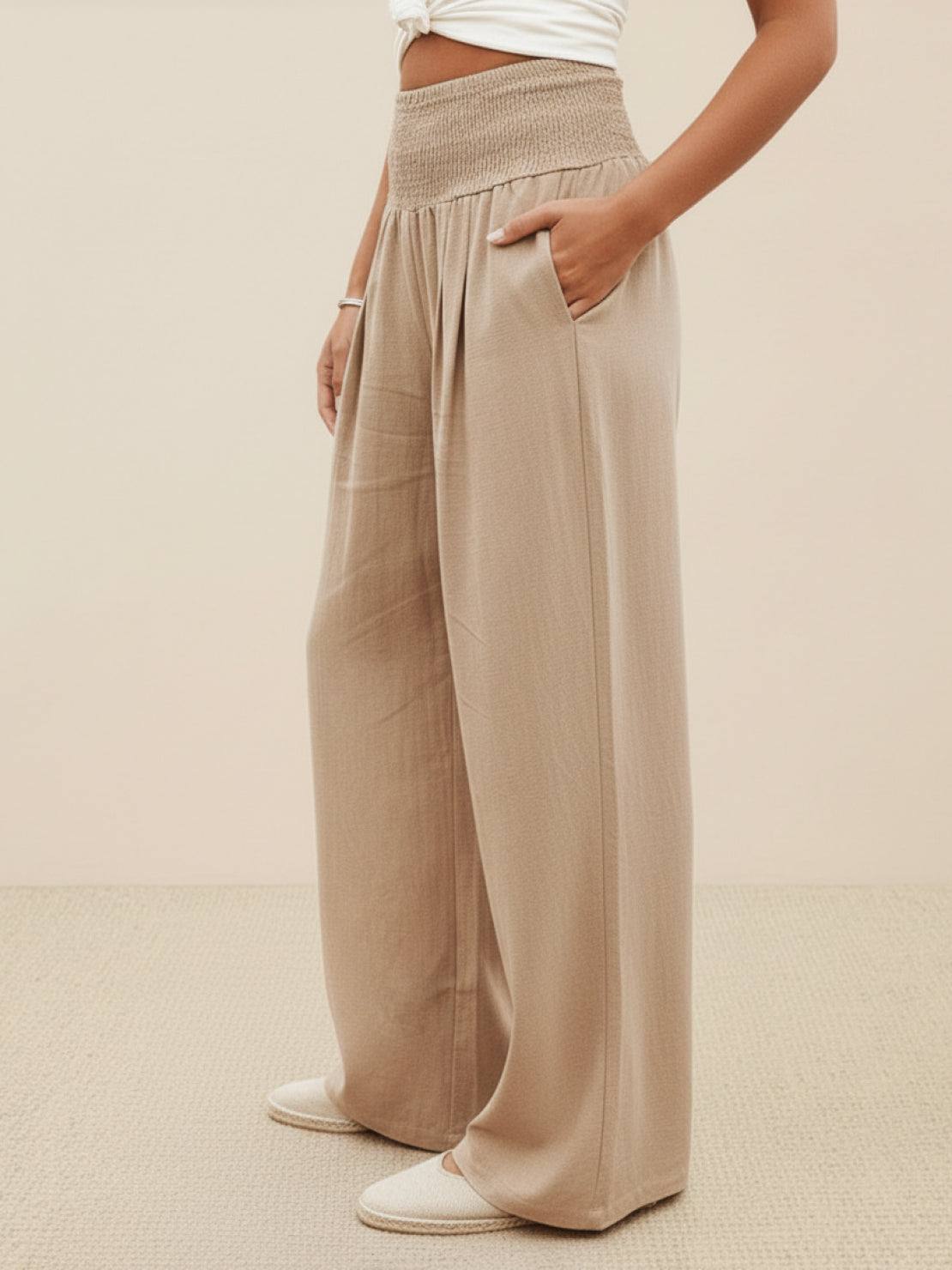 Women's High Waist Wide Leg Pants with Smocked Waistband